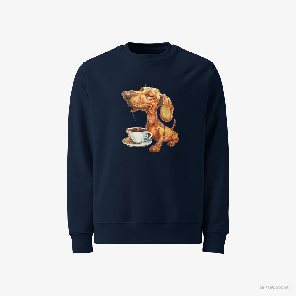 Dachshund Sweatshirt – Men Navy Sweatshirt Classic – Having Coffee (on White Background)