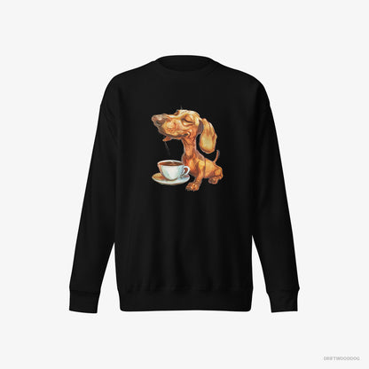 Dachshund Sweatshirt – Men Black Sweatshirt Eco-Friendly – Having Coffee (on White Background)