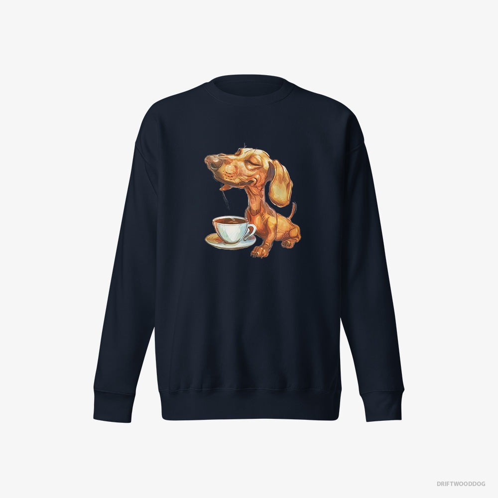 Dachshund Sweatshirt – Women Navy Sweatshirt Eco-Friendly – Having Coffee (on White Background)