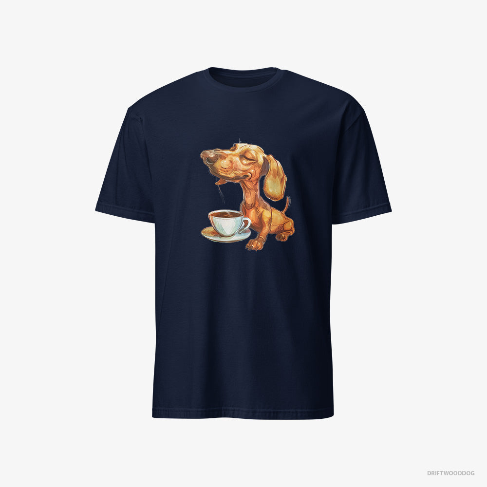 Dachshund T-Shirt – Men Navy T-Shirt Classic – Having Coffee (on White Background)