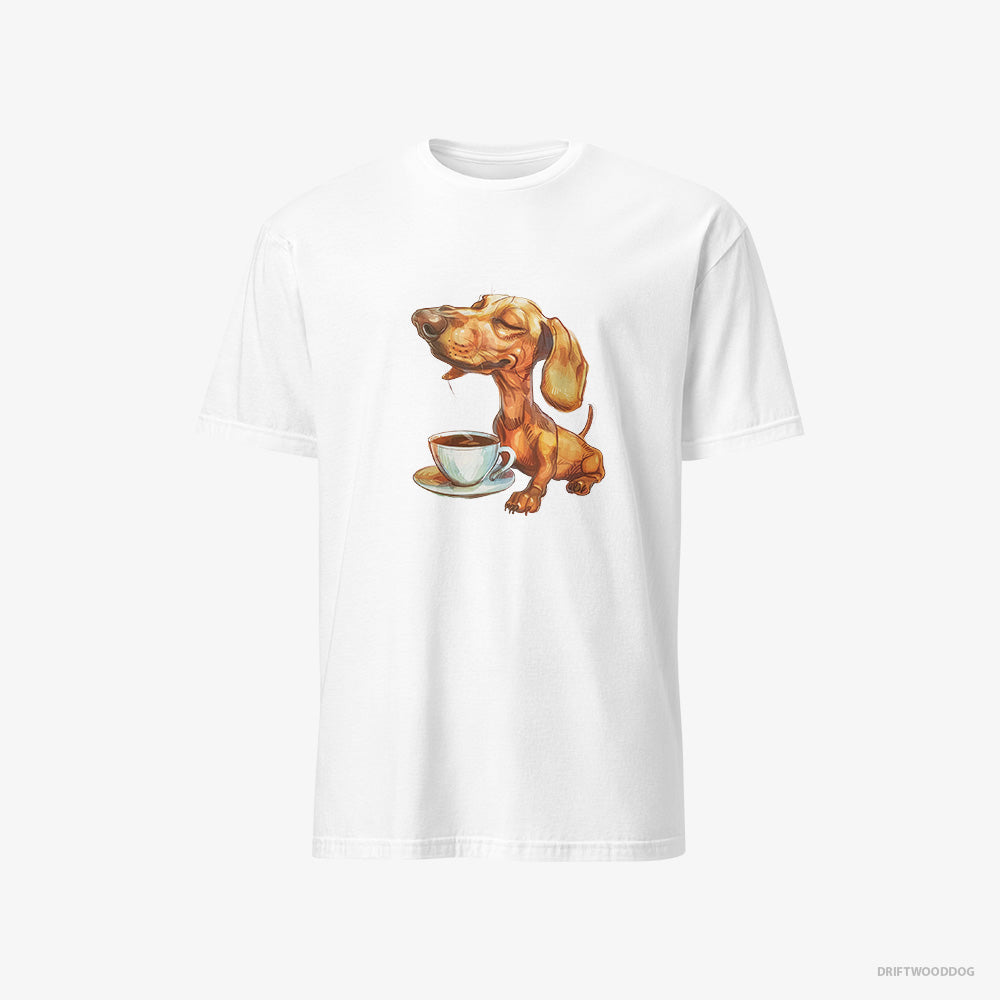 Dachshund T-Shirt – Men White T-Shirt Classic – Having Coffee (on White Background)