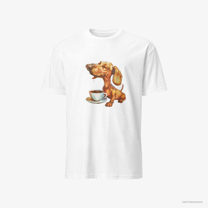 Dachshund T-Shirt – Men White T-Shirt Classic – Having Coffee (on White Background)