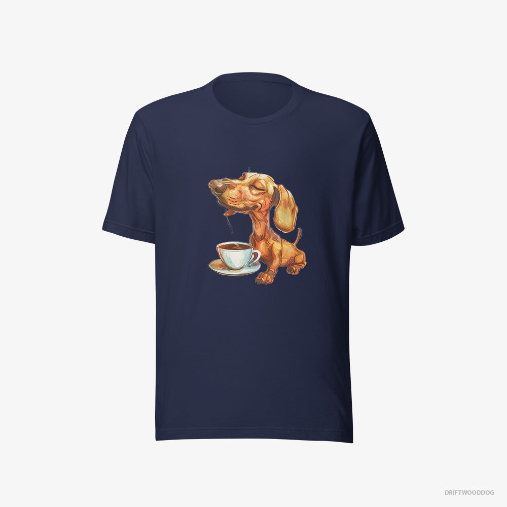 Dachshund T-Shirt – Women Navy T-Shirt Eco-Friendly – Having Coffee (on White Background)