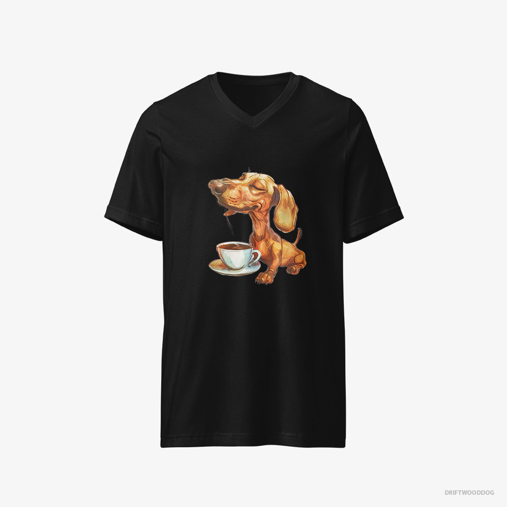 Dachshund T-Shirt – Men Black T-Shirt V-Neck – Having Coffee (on White Background)