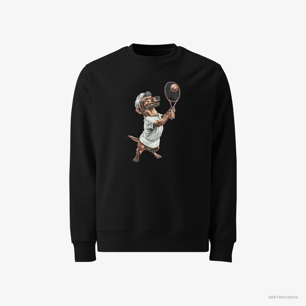 Dachshund Sweatshirt – Men Black Sweatshirt Classic – Playing Tennis (on White Background)