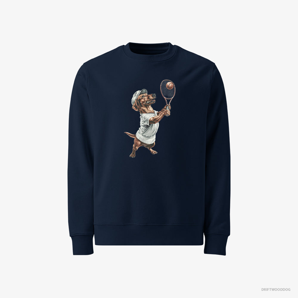 Dachshund Sweatshirt – Men Navy Sweatshirt Classic – Playing Tennis (on White Background)