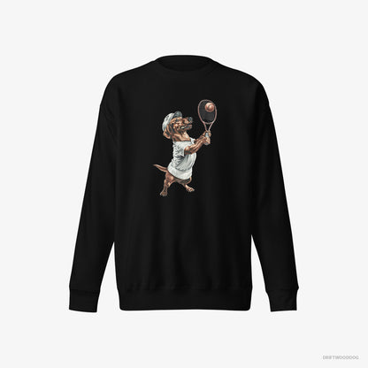 Dachshund Sweatshirt – Men Black Sweatshirt Eco-Friendly – Playing Tennis (on White Background)