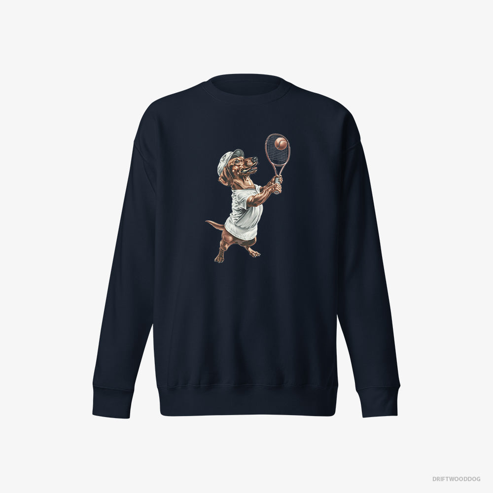 Dachshund Sweatshirt – Women Navy Sweatshirt Eco-Friendly – Playing Tennis (on White Background)