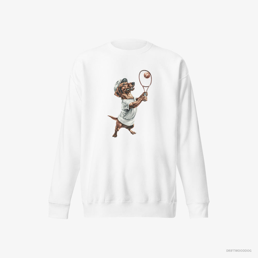 Dachshund Sweatshirt – Men White Sweatshirt Eco-Friendly – Playing Tennis (on White Background)