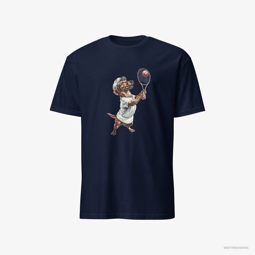 Dachshund T-Shirt – Men Navy T-Shirt Classic – Playing Tennis (on White Background)