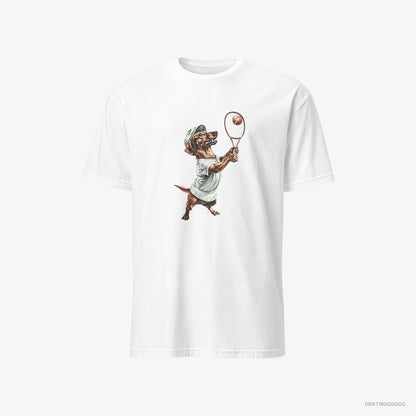 Dachshund T-Shirt – Men White T-Shirt Classic – Playing Tennis (on White Background)