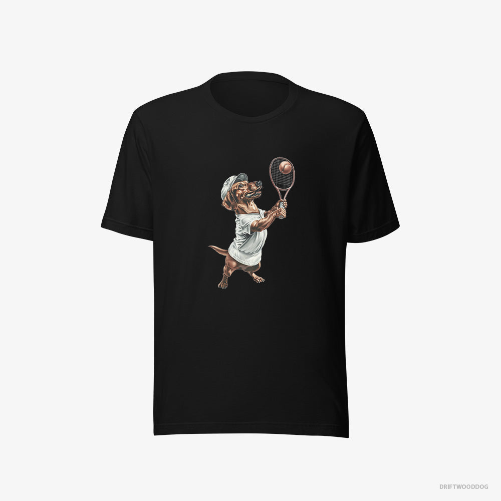 Dachshund T-Shirt – Men Black T-Shirt Eco-Friendly – Playing Tennis (on White Background)