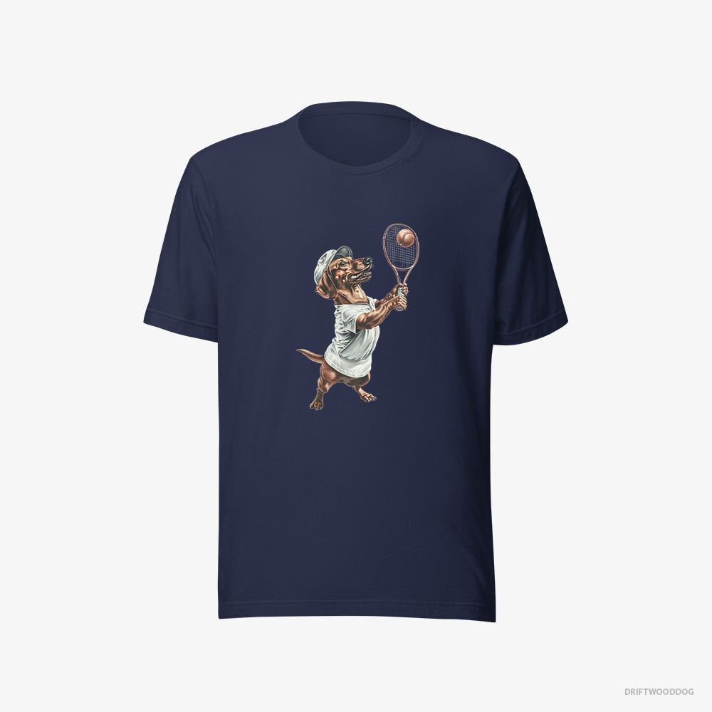 Dachshund T-Shirt – Women Navy T-Shirt Eco-Friendly – Playing Tennis (on White Background)