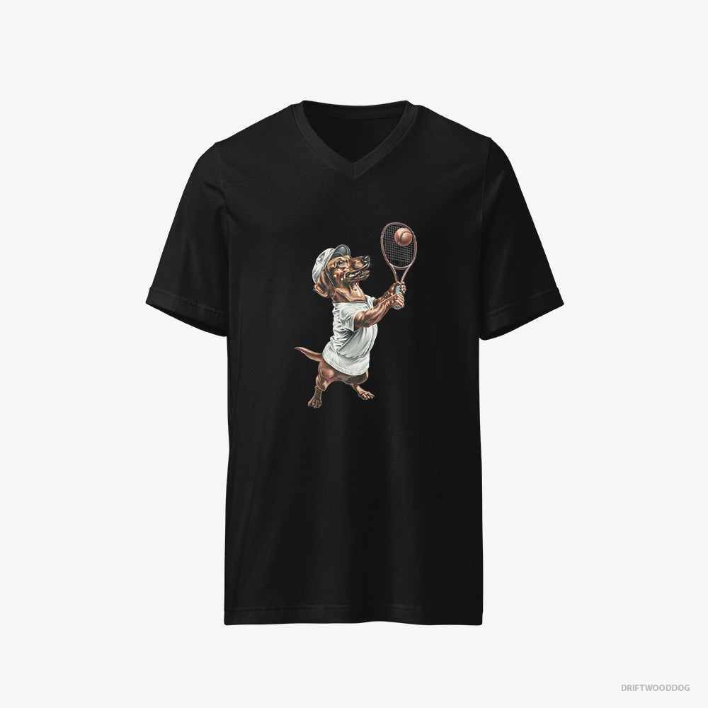 Dachshund T-Shirt – Men Black T-Shirt V-Neck – Playing Tennis (on White Background)