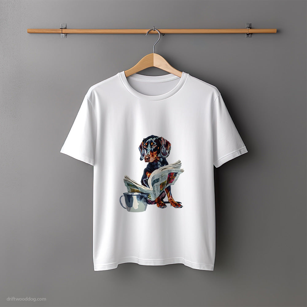 Black Dachshund Reading a Newspaper T-Shirt – Unisex Tee for Dog Lovers