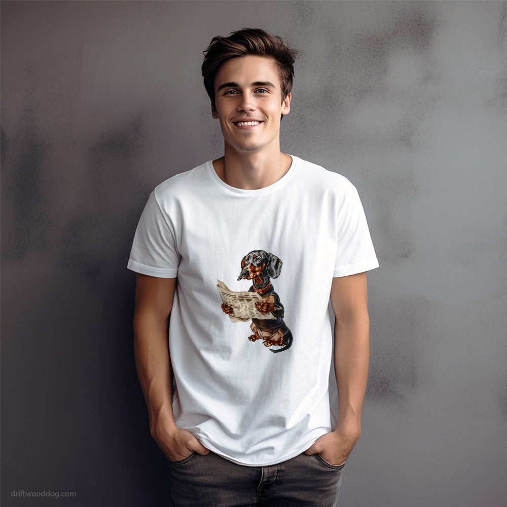 Dachshund Reading a Newspaper T-Shirt – Dog Graphic Tee for Men