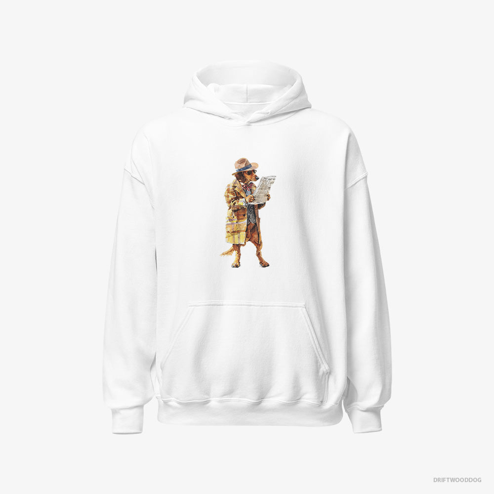 Dachshund Hoodie – Women White Hoodie Classic – Reading a Newspaper (on White Background)