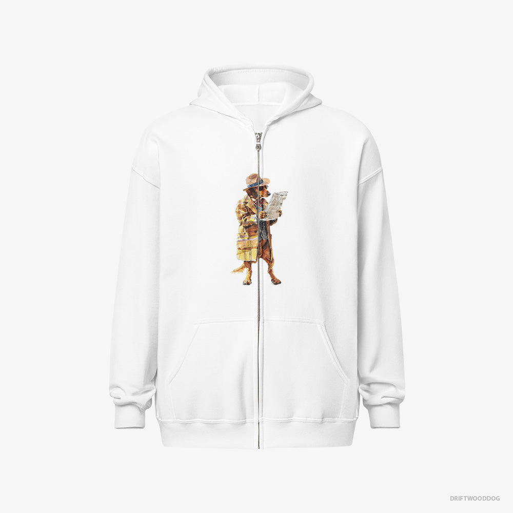 Dachshund Hoodie – Women White Hoodie Full-Zip – Reading a Newspaper (on White Background)