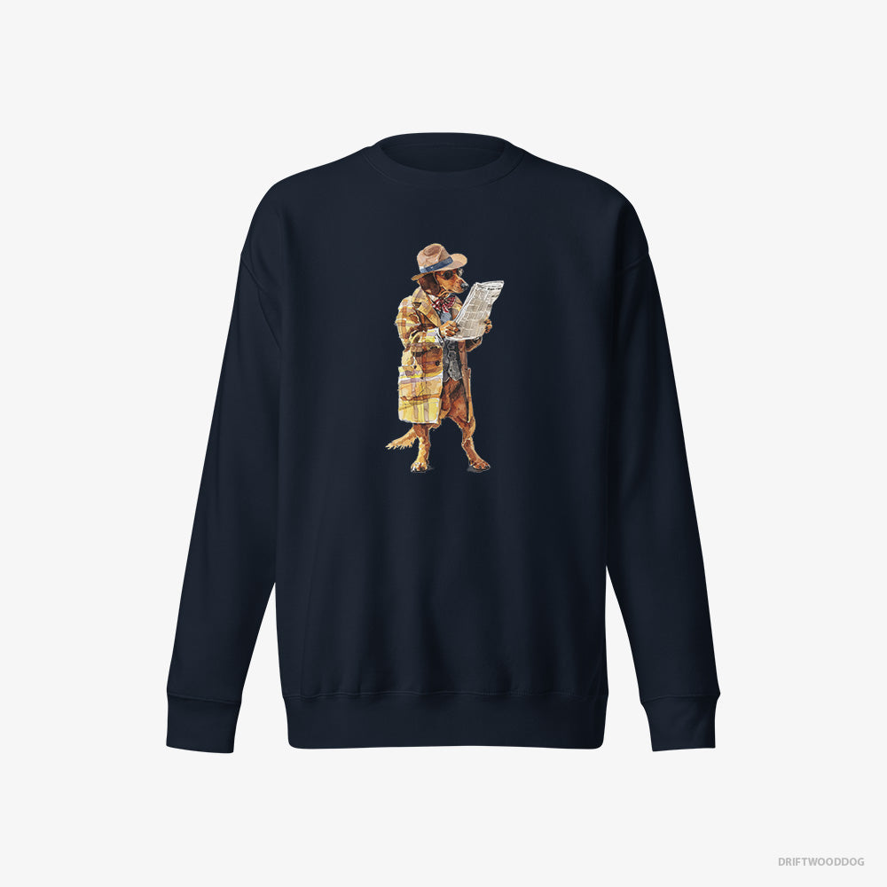 Dachshund Sweatshirt – Men Navy Sweatshirt Eco-Friendly – Reading a Newspaper (on White Background)