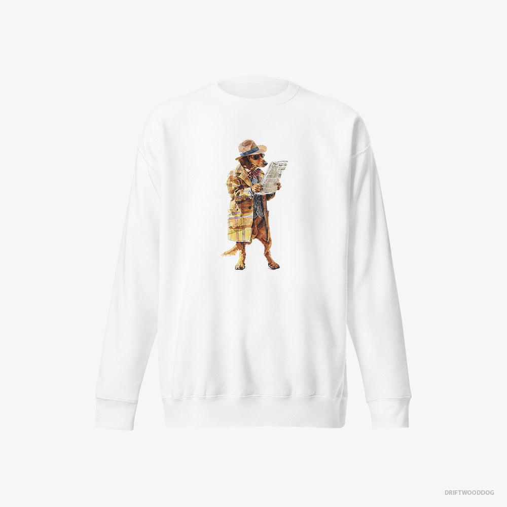 Dachshund Sweatshirt – Men White Sweatshirt Eco-Friendly – Reading a Newspaper (on White Background)