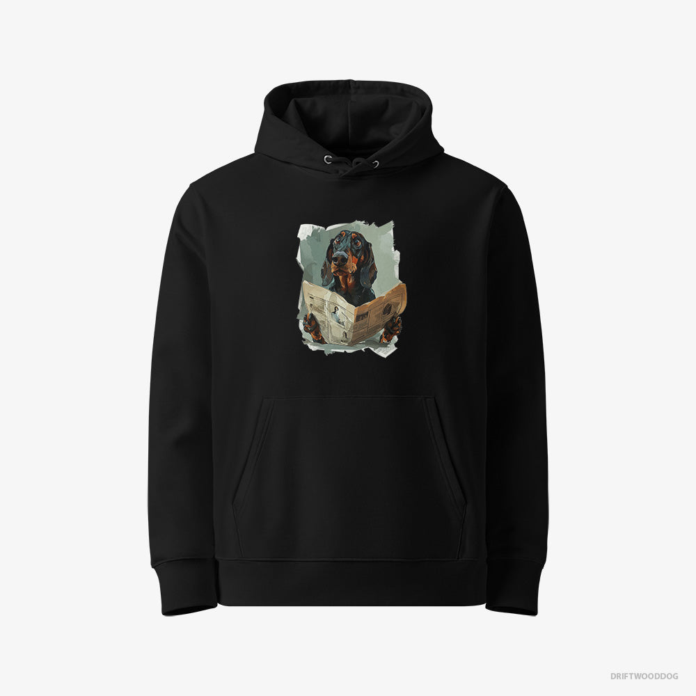 Dachshund Hoodie – Women Black Hoodie Eco-Friendly – Reading a Newspaper (on White Background)