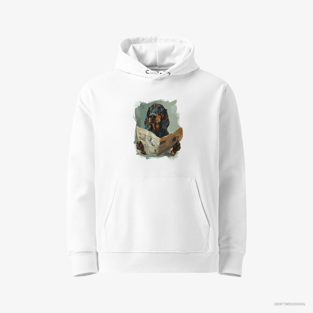 Dachshund Hoodie – Men White Hoodie Eco-Friendly – Reading a Newspaper (on White Background)