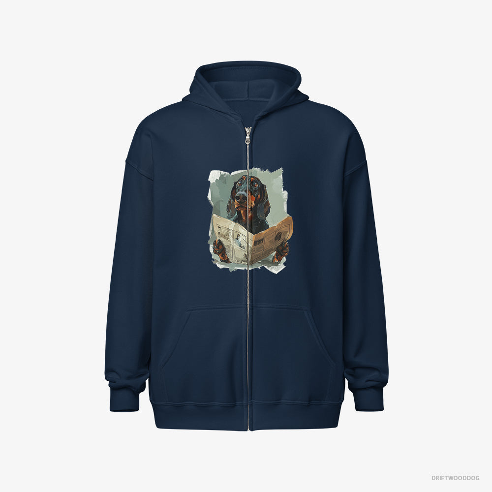 Dachshund Hoodie – Men Navy Hoodie Full-Zip – Reading a Newspaper (on White Background)