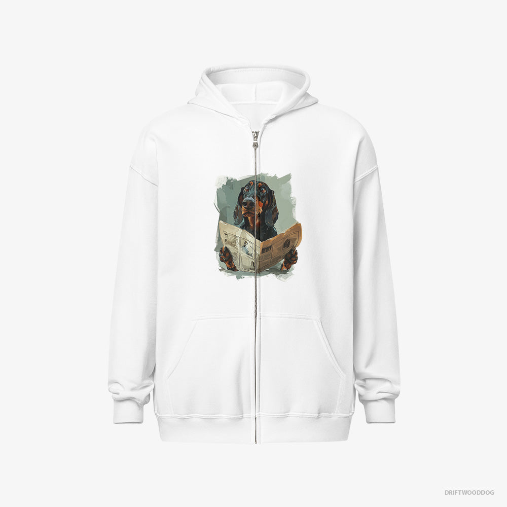 Dachshund Hoodie – Women White Hoodie Full-Zip – Reading a Newspaper (on White Background)