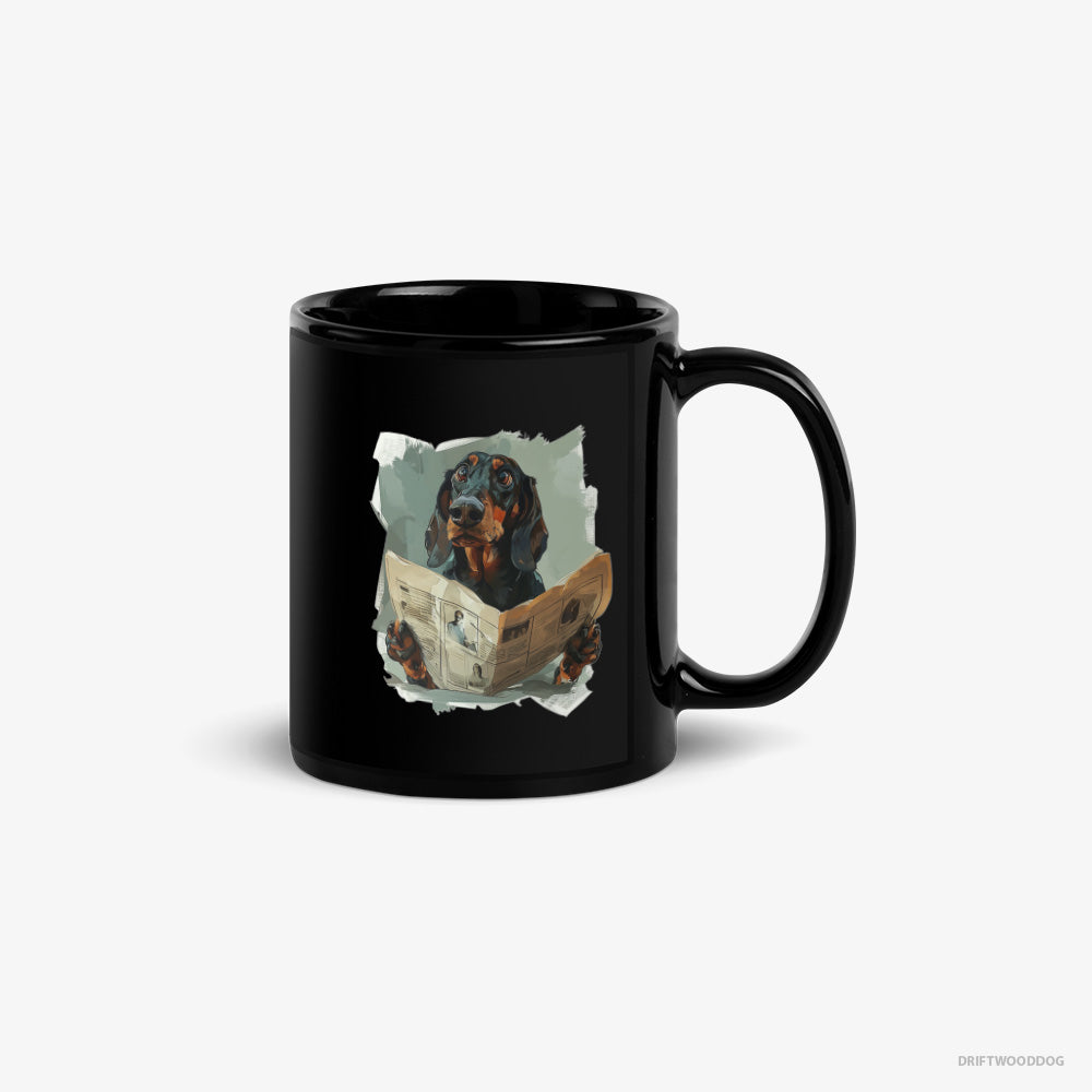 Dachshund Mug – Unisex Black Mug Classic – Reading a Newspaper (on White Background)