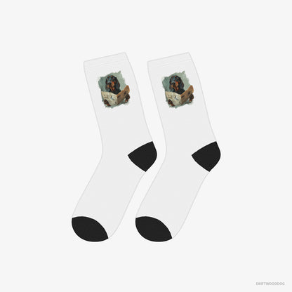 Dachshund Socks – Unisex White Socks Classic – Reading a Newspaper (on White Background)