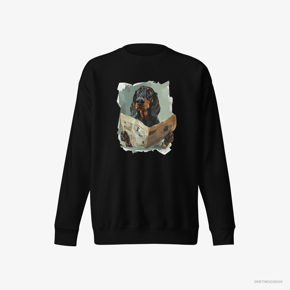 Dachshund Sweatshirt – Men Black Sweatshirt Eco-Friendly – Reading a Newspaper (on White Background)