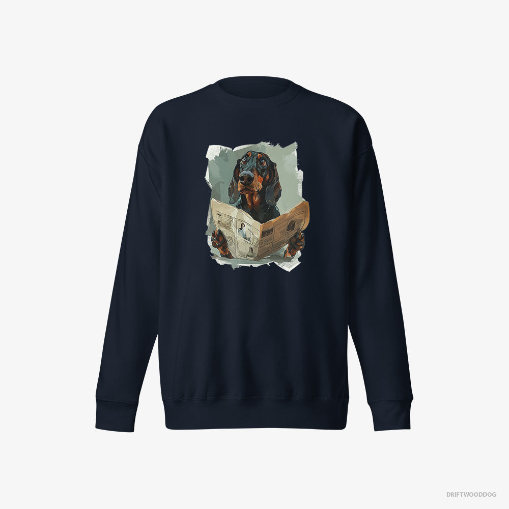 Dachshund Sweatshirt – Men Navy Sweatshirt Eco-Friendly – Reading a Newspaper (on White Background)