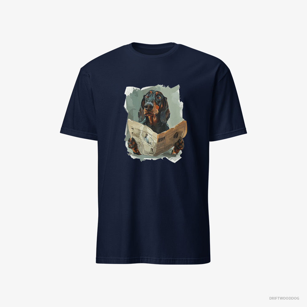 Dachshund T-Shirt – Men Navy T-Shirt Classic – Reading a Newspaper (on White Background)