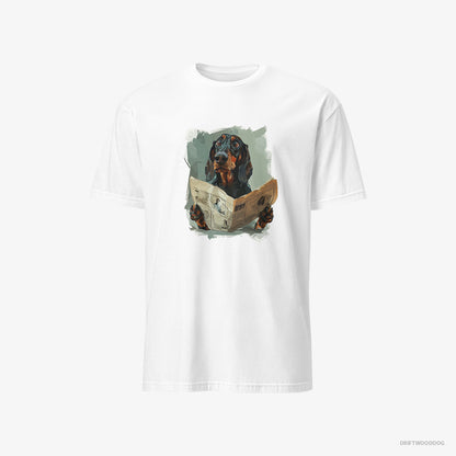 Dachshund T-Shirt – Men White T-Shirt Classic – Reading a Newspaper (on White Background)