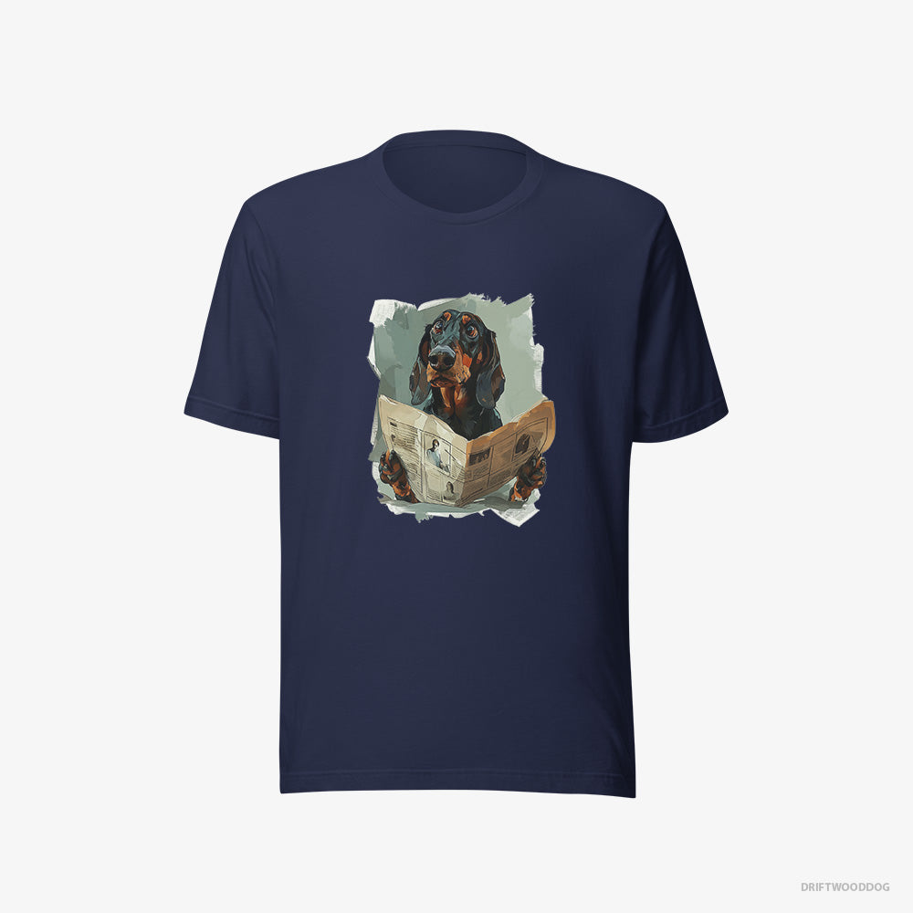 Dachshund T-Shirt – Women Navy T-Shirt Eco-Friendly – Reading a Newspaper (on White Background)