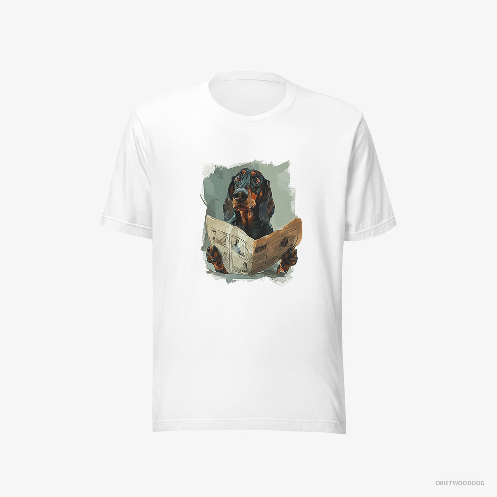 Dachshund T-Shirt – Men White T-Shirt Eco-Friendly – Reading a Newspaper (on White Background)