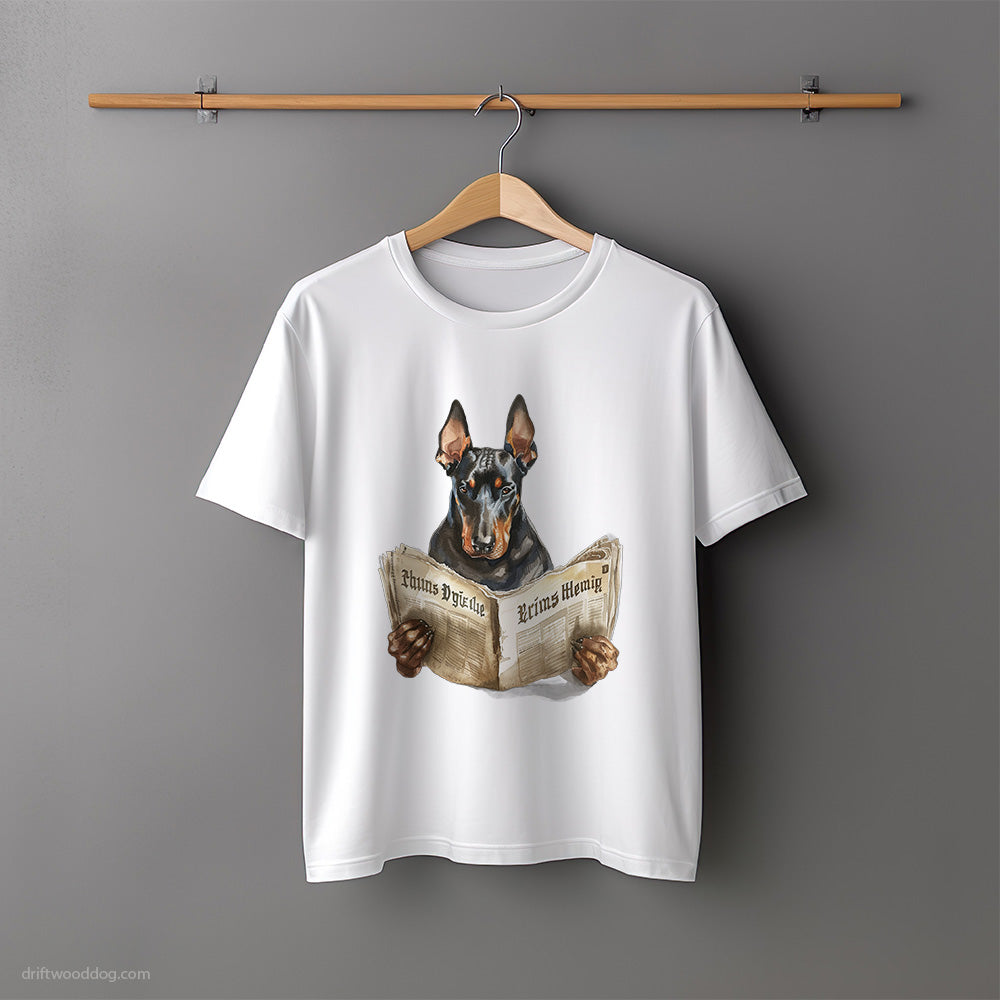 Dobermann Reading a Newspaper T-Shirt – Unisex Tee for Dog Lovers