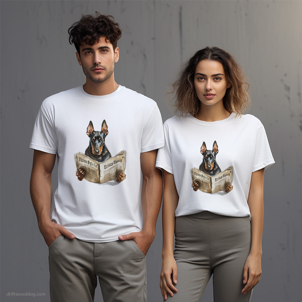 Dobermann Reading a Newspaper T-Shirt – Unisex T-Shirt for Dog Lovers 