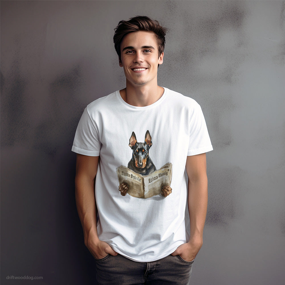 Dobermann Reading a Newspaper T-Shirt – Dog Graphic Tee for Men