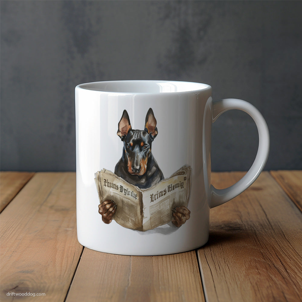 Dobermann Reading a Newspaper Mug – Unique Dog Cups | Dog-Themed Mugs