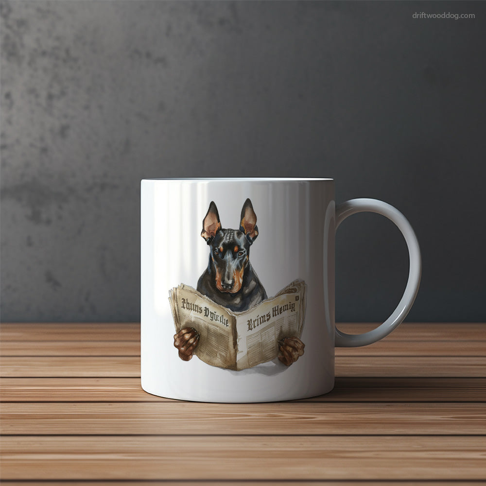 Dobermann Reading a Newspaper Mug – Funny Dog Coffee Mugs | Quirky Canine Drinkware