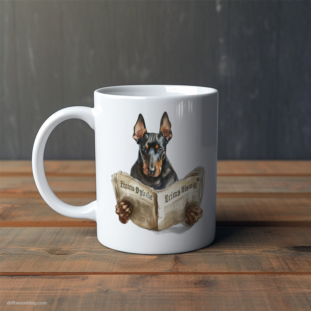 Dobermann Reading a Newspaper Mug – Cute Dog-Themed Mugs | Perfect Gifts for Dog Lovers