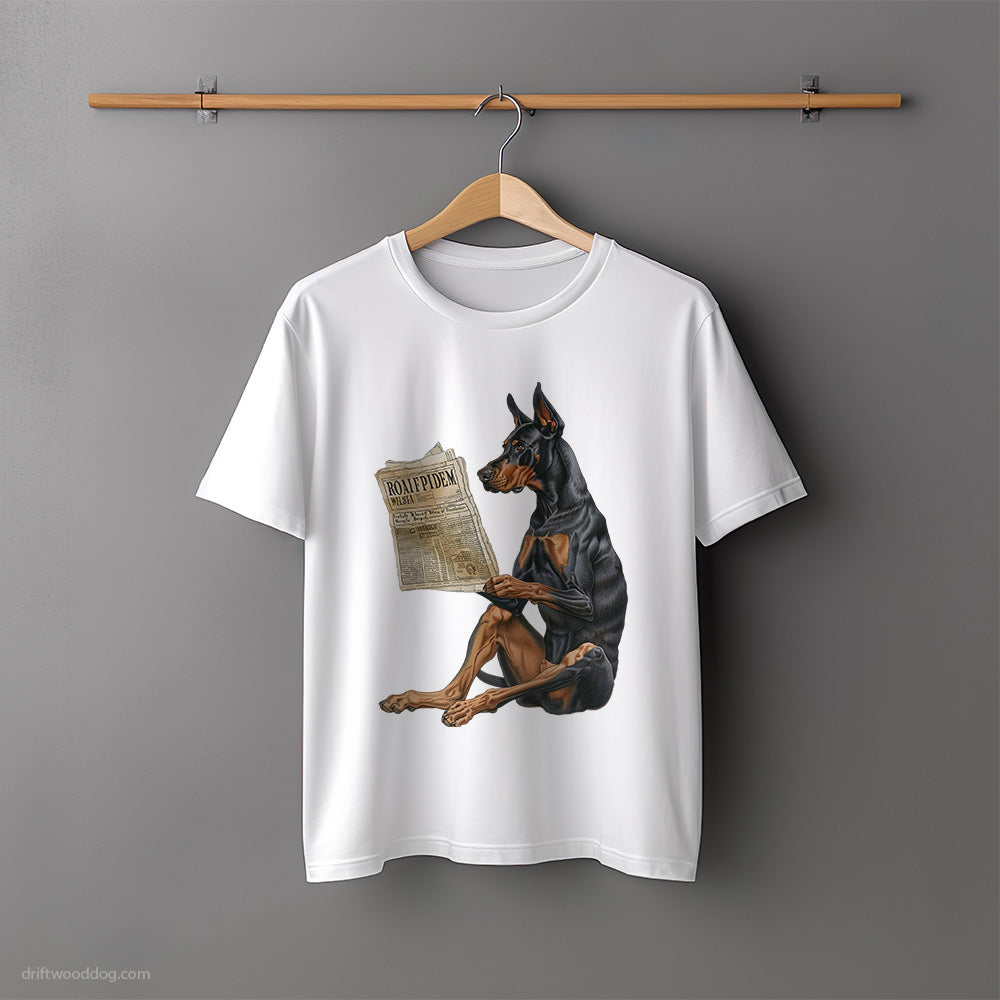 Funny Dobermann Reading a Newspaper T-Shirt – Unisex Tee for Dog Lovers