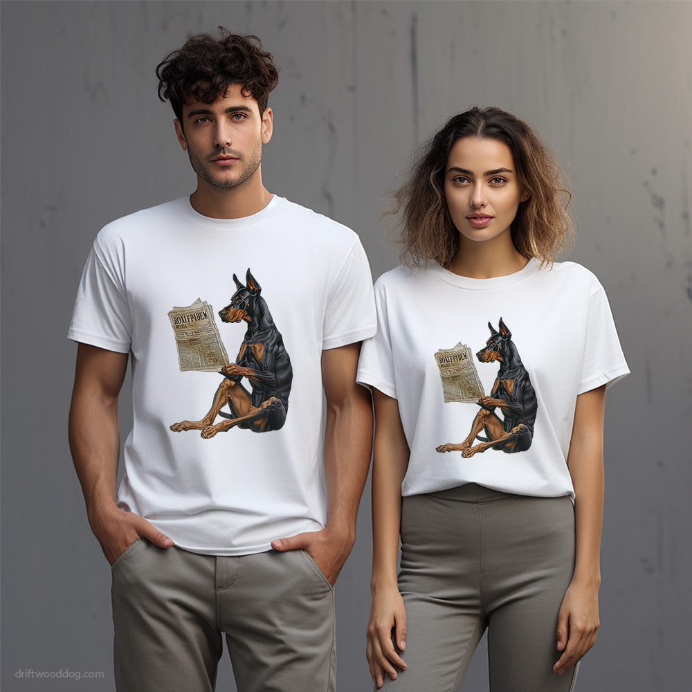 Funny Dobermann Reading a Newspaper T-Shirt – Unisex T-Shirt for Dog Lovers 