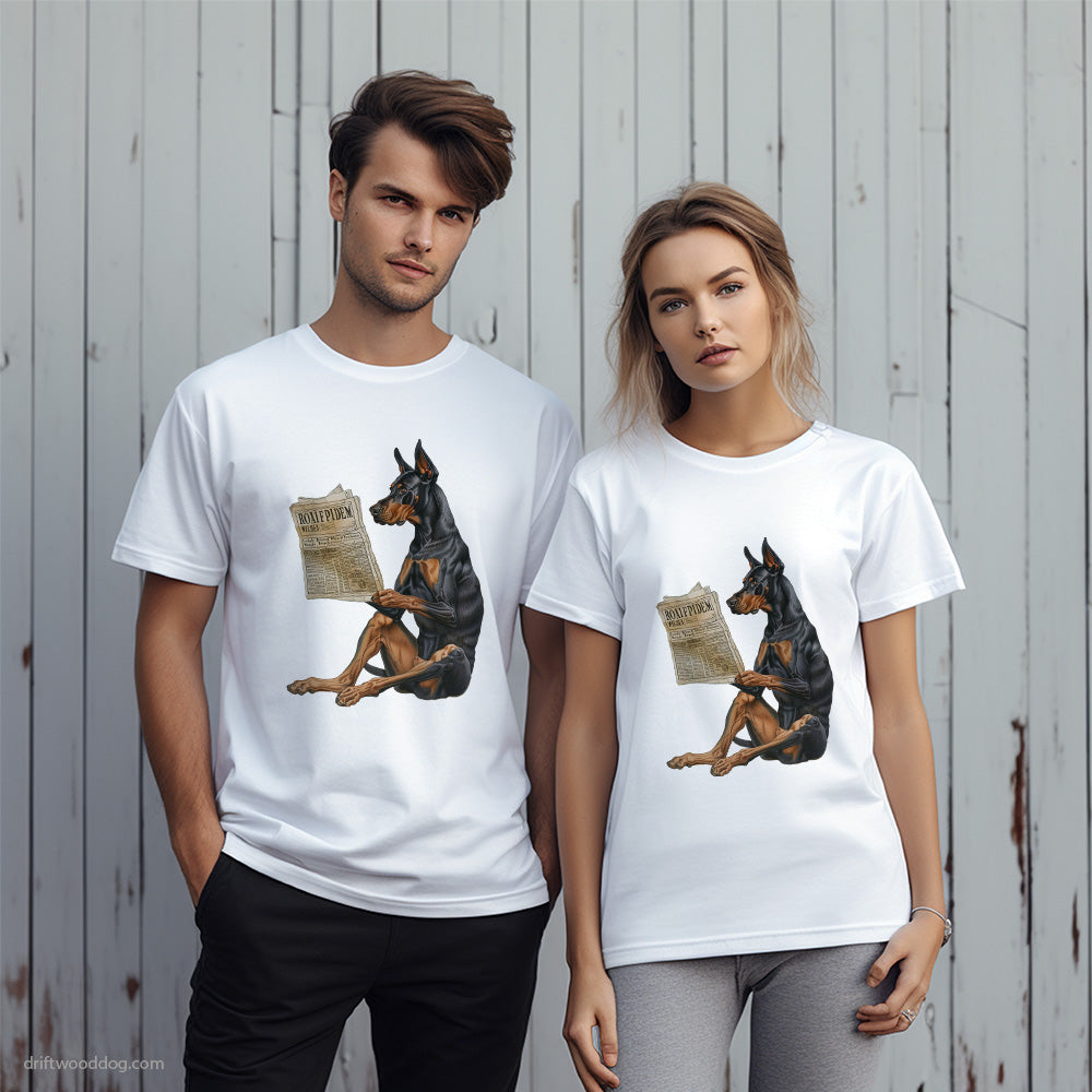 Funny Dobermann Reading a Newspaper T-Shirt – Unique Dog T-Shirts for Pet Lovers