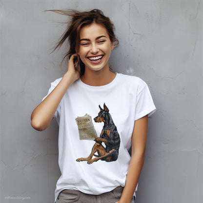 Funny Dobermann Reading a Newspaper T-Shirt – Custom Dog T-Shirts for Women