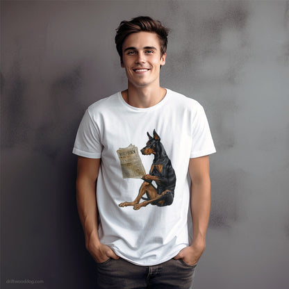 Funny Dobermann Reading a Newspaper T-Shirt – Dog Graphic Tee for Men