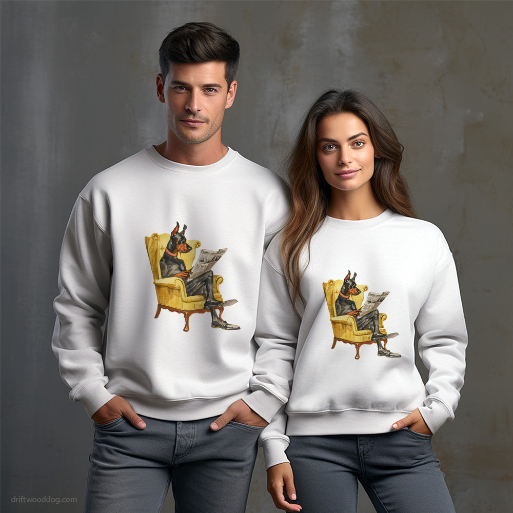 Dobermann Reading a Newspaper in a Chair Sweatshirt – Unisex Sweatshirt for Dog Owners