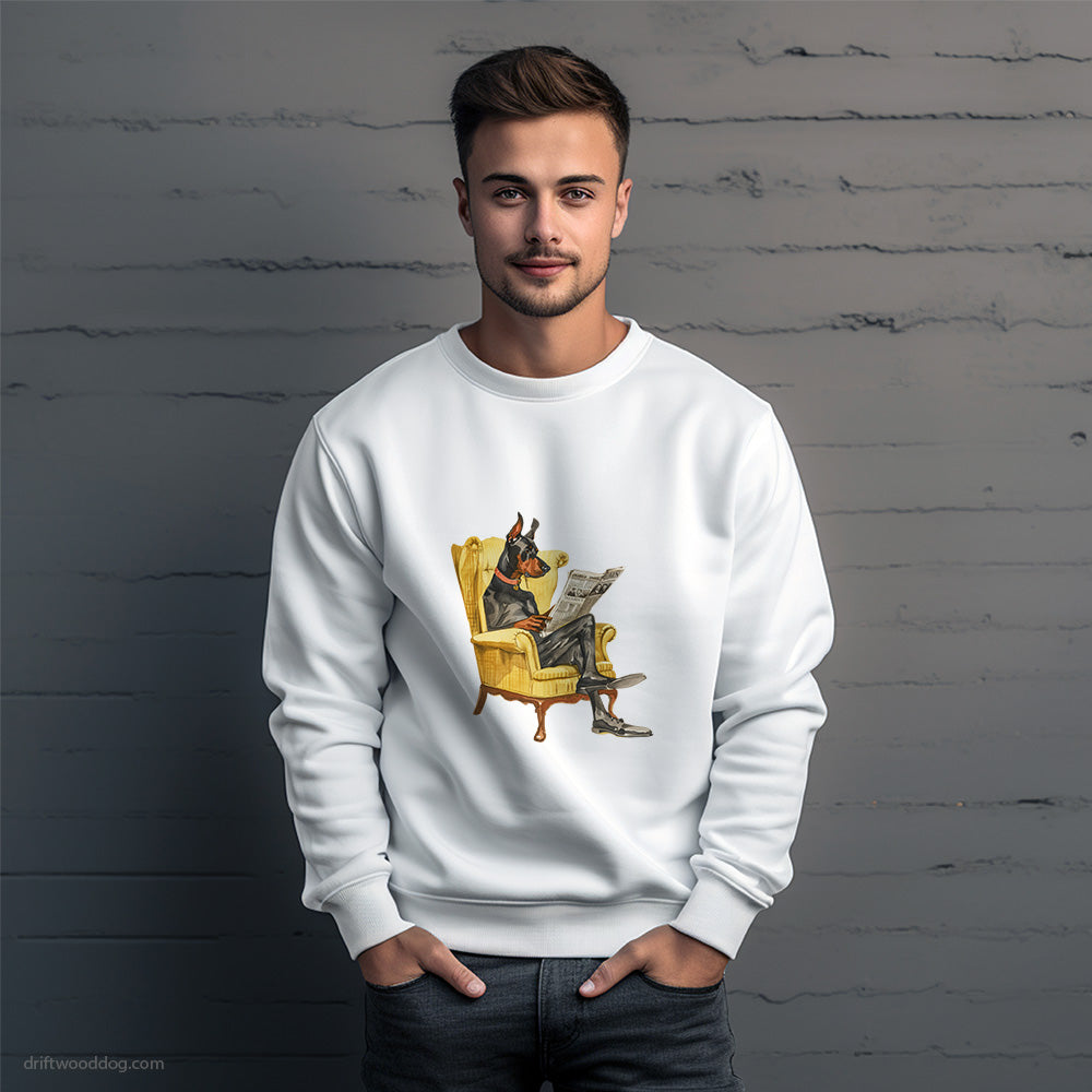 Dobermann Reading a Newspaper in a Chair Sweatshirt – Unique Dog Sweatshirt for Men