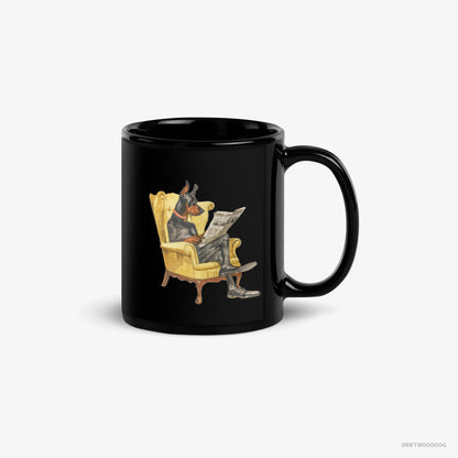 Dobermann Mug – Unisex Black Mug Classic – Reading a Newspaper in a Chair (on White Background)